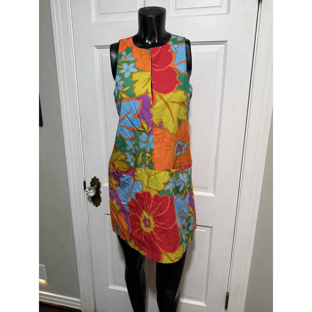 Funky Floral Multicolored Golden Boutique Sleeveless Dress Pockets Size Small